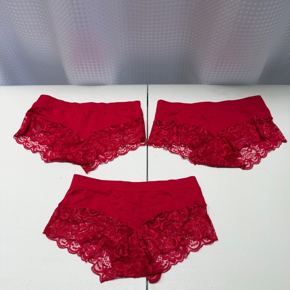 Women's Red Boy Shorts Panties w/ Wide Floral Lace 3 Pair Small